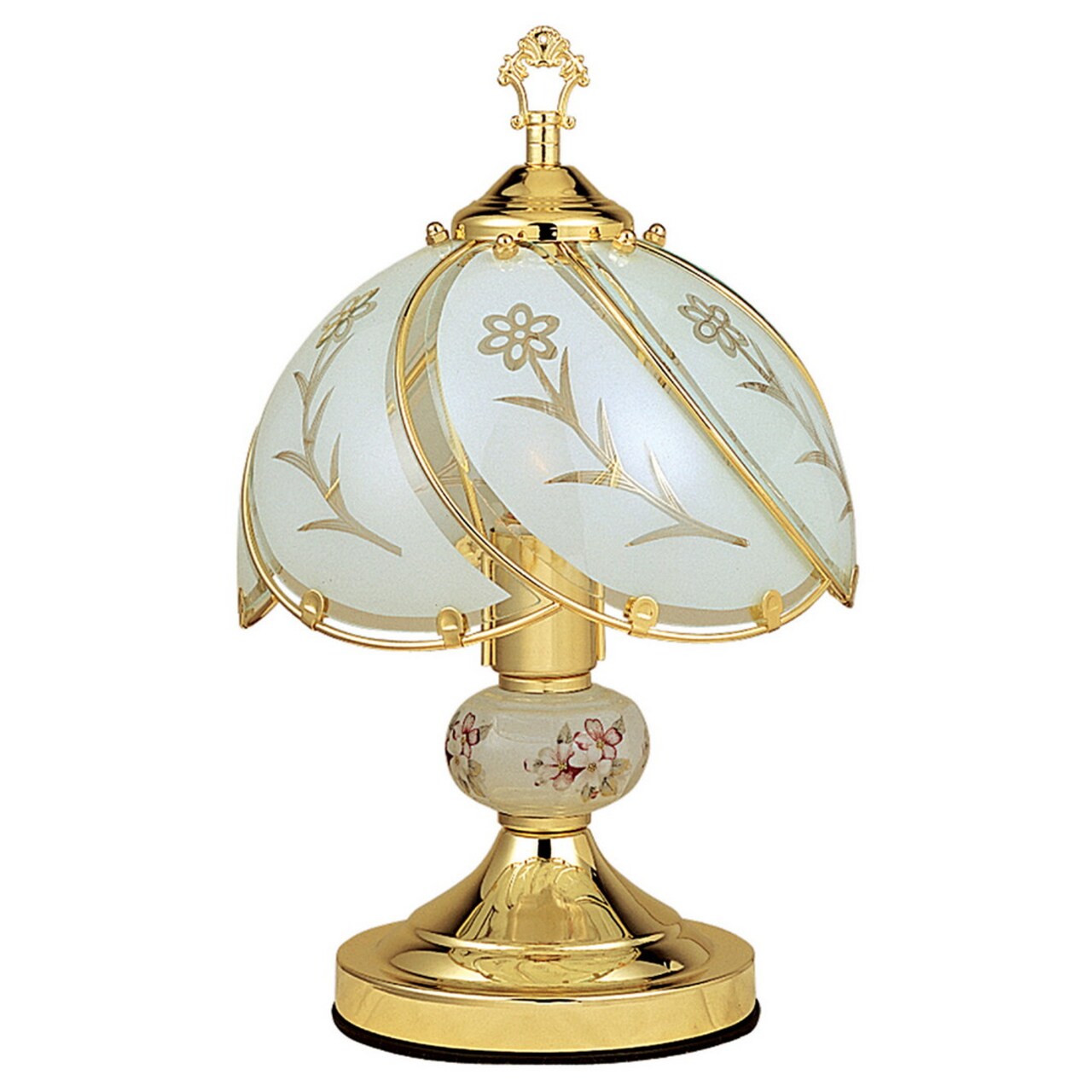 14.25" Tall Metal Touch Table Lamp, Brushed Gold finish, Floral-Patterned Glass Shade